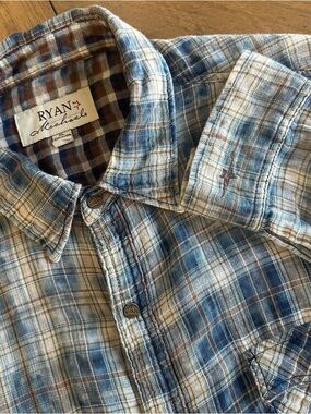 Ryan Michael Shirt Mens XL Blue Plaid Snap Button Distressed Western Flannel